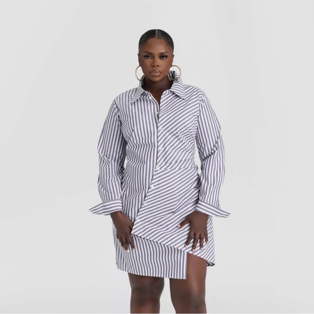 Striped Asymmetrical Shirt Dress - White & Navy
